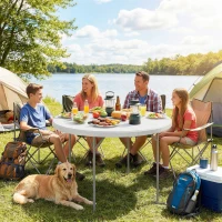 Outsunny Mesa Plegable Camping 120x120x74 cm Mesa Plegable Portátil con Encimera de HDPE Almohadillas Antideslizantes Blanco(m-2)