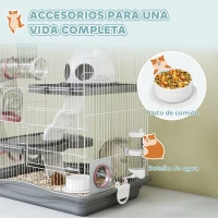 PawHut Jaula para Hámster con Túnel Plataformas Cuenco Bebedero Casita Rampas y Rueda de Ejercicio 45x30x45 cm Gris(m-6)