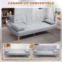 HOMCOM Canapé convertible 3 places, canapé-lit rembourré avec dossier réglable 3 niveaux, 2 coussins et 2 porte-gobelets intégrés, tissu de lin, pour salon, chambre d'amis, petit espace, gris clair(m-4)