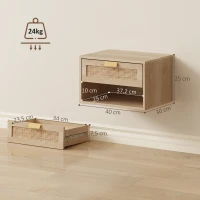 HOMCOM Juego de 2 Mesitas de Noche Flotantes con Cajón de Ratán Estante Abierto Ahorra Espacio 40x30x25 cm Roble(m-3)