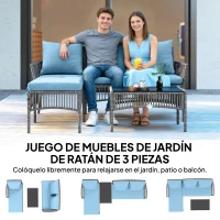 Outsunny Conjunto de Jardín Exterior de Ratán con 1 Sofá de 2 Plazas 1 Sofá Esquinera y 1 Mesa de Centro Tablero de Vidrio Azul(m-4)