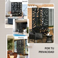 Outsunny Biombo de 3 Paneles 122x198 cm Biombo Separador de Ambientes con Soporte Diseño de Hojas Negro(m-6)