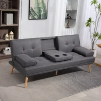 HOMCOM Canapé convertible 3 places, canapé-lit rembourré avec dossier réglable 3 niveaux, 2 coussins et 2 porte-gobelets intégrés, tissu de lin, pour salon, chambre d'amis, petit espace, gris foncé(m-10)