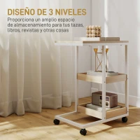 HOMCOM Mesa Auxiliar en Forma de C con Ruedas Estantes Abiertos y Marco de Acero para Salón Dormitorio 51x33x66cm Natural y Blanco(m-5)
