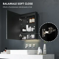 HOMCOM Dulap cu Oglindă pentru Baie cu Lumini LED și Priză pentru Aparat de Ras, Dulap Suspendat cu Funcție Anti-Ceață, Reglare Luminozitate, 3 Culori, Negru(m-6)