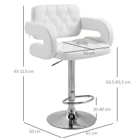 HOMCOM Tabouret de bar pivotant chaise de bar réglable en hauteur avec dossier repose-pieds et accoudoirs 61x50x93-113cm blanc(m-3)