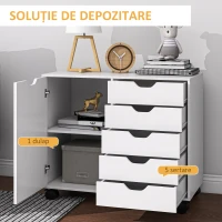 HOMCOM Dulap Lateral cu 5 Sertare, Dulap cu Raft Reglabil, Mobilier pentru Birou pe Roți, Suport pentru Imprimantă pentru Biroul de Acasă, Alb(m-4)