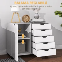 HOMCOM Dulap Lateral cu 5 Sertare, Dulap cu Raft Reglabil, Mobilier pentru Birou pe Roți, Suport pentru Imprimantă pentru Biroul de Acasă, Alb(m-8)