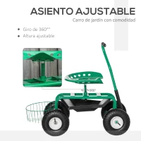 Outsunny Asiento de Jardín con Ruedas Asiento Giratorio y Ajustable en Altura Bandeja de Herramientas Cesta para Exterior Verde(m-4)