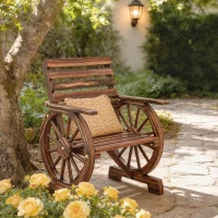 Outsunny Silla de Jardín de Madera con Brazos de Rueda de Carreta Asiento Ancho con Listones y Respaldo Inclinado Carbonizado(m-9)
