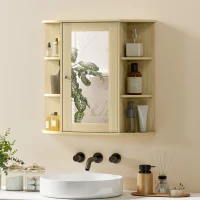 HOMCOM Armario de Baño con Espejo Armario de Pared con Estantes Abiertos 66x17x63 cm Natural(m-8)