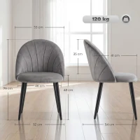 HOMCOM Set da 2 Sedie da Pranzo in Velluto Imbottite con Schienale a Conchiglia e Gambe in Metallo, Grigio(m-3)