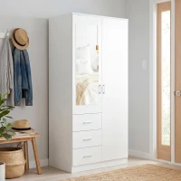 HOMCOM Armario Ropero de 2 Puertas con Espejo 3 Cajones Estantes Ajustables y Barra para Colgar Incluida 80x50x180 cm Blanco(m-9)