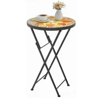 Outsunny Mosaic Outdoor Garden Table, 35.5cm Round Folding Coffee Table with Metal Frame for Balcony Terrace, Yellow(m-10)