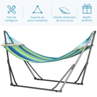 Outsunny Hamaca con Soporte Plegable 2 en 1 Tendedero con Barra Estructura de Acero para Jardín 270x100x94 cm Azul y Verde(m-6)