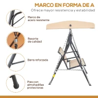 Outsunny Columpio de Jardín Exterior de 3 Plazas con Toldo Reclinable Respaldo Transpirable Marco de Acero 175x118x159 cm Beige(m-4)
