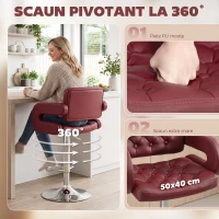 HOMCOM Scaun de Bar cu Înălțime Reglabilă, Scaun de Bucătărie Înalt din PU cu Spătar, Suport pentru Picioare, Cotiere și Șezut Confortabil, Structură Metalică, Rotativ la 360°, pentru Insulă, Roșu Vin(m-5)