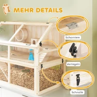 PawHut Hamsterkäfig aus Holz 3 Etagen Nagerkäfig Kleintierkäfig mit Wippe Laufrad Hütte 95 x 53 x 76 cm Naturholz(m-8)