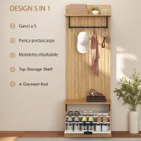 HOMCOM Mobile da Ingresso con Panca Scarpiera e Appendiabiti con 4 Ganci, 60x30x170 cm, Rovere e Bianco(m-4)
