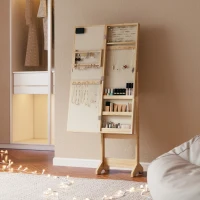 HOMCOM Espejo Joyero con Luces LED Armario para Joyas Armario Joyero de Pie con Espejo Entero Ángulo Ajustable Madera Natural(m-7)