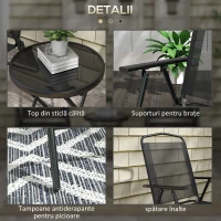 Outsunny Set de Exterior din 3 Piese cu Masă cu Blat din Sticlă și 2 Scaune Pliabile din Plasă, Ф45x50 cm, Gri Deschis(m-7)