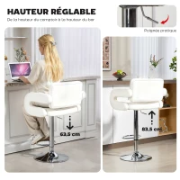 HOMCOM Tabouret de bar pivotant chaise de bar réglable en hauteur avec dossier repose-pieds et accoudoirs 61x50x93-113cm blanc(m-4)