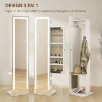 HOMCOM Espelho para Jóias com Luzes LED Espelho de Corpo Inteiro Rotativo 360° Prateleiras Abertas Barras para Pendurar Branco(m-4)