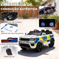 HOMCOM Carro Elétrico para Crianças Carro Elétrico Infantil de Policia 12V com Bluetooth USB Luz Sirene 110x68x52 cm  Branco(m-4)