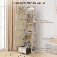 HOMCOM Espelho de Pé Giratório 360° com Espelho com Interior Iluminado Organizador de Jóias com Prateleiras e Gavetas 56x56x164 cm Madeira(m-7)