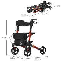 HOMCOM Andador para Ancianos Plegable de Aluminio con Asiento 4 Ruedas Altura Ajustable Frenos de Maneta Rojo y Negro(m-3)