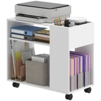 HOMCOM Dulap pentru Imprimantă cu Roți, Dulap Multifuncțional cu Compartimente Deschise, Raft și Spațiu de Depozitare, Noptieră pentru Living, Cameră sau Birou, 70x36x60 cm, Alb(m-11)