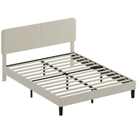 HOMCOM Somier 160x200 cm con Cabecero Ajustable Tapizado en Pana Láminas de Madera Fácil de Montar Gris Claro