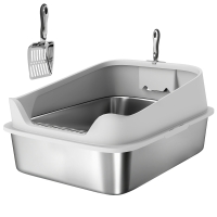 PawHut Katzentoilette Edelstahl Offene Katzenklo mit Schaufel hohem Rand für große Katzen bis 12 kg 69,8 x 50,3 x 29,8 cm Grau