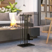 Outsunny Ensemble serviteur de cheminée 5 pièces, outils de cheminée, en métal, balai, pelle, pince, tisonnier et support, noir(m-10)