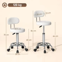 HOMCOM Taburete Giratorio con Respaldo y Ruedas Silla Ajustable para Salón de Belleza Estudio de Tatuajes 32x40x70-86cm Blanco(m-3)
