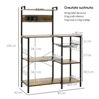 HOMCOM Raft de bucătărie cu priză multiplă pentru microunde, cu rafturi și coș din plasă, 90x42x130cm, maro(m-3)