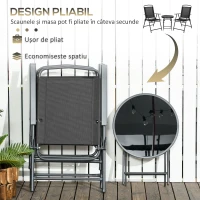 Outsunny Set de Exterior din 3 Piese cu Masă cu Blat din Sticlă și 2 Scaune Pliabile din Plasă, Ф45x50 cm, Gri Deschis(m-4)