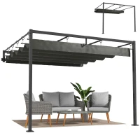 Outsunny Pérgola de Pared de Jardín 3x3 m con Techo Retráctil Protección UPF30+ Drenaje Cenador de Jardín para Exterior Gris(m-10)