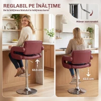 HOMCOM Scaun de Bar cu Înălțime Reglabilă, Scaun de Bucătărie Înalt din PU cu Spătar, Suport pentru Picioare, Cotiere și Șezut Confortabil, Structură Metalică, Rotativ la 360°, pentru Insulă, Roșu Vin(m-4)