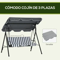 Outsunny Balancín de Jardín Exterior Columpio de 3 Plazas con Toldo Ajustable y Marco de Acero 172x110x153 cm Gris y Blanco(m-7)