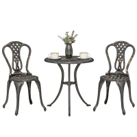 Outsunny Outdoor Bistro Set for 2 Cast Aluminium Patio Furniture with Round Table Umbrella Hole Brown(m-10)