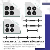 SPORTNOW Haltères 2 en 1 réglables, haltères libres avec poignées antidérapantes, 20 KG - Barres incluses(m-5)