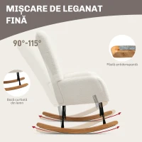 HOMCOM Balansoar, Fotoliu din Catifea Teddy, Scaun Relax cu Picioare din Lemn, Balansoar pentru Dormitor și Living, Alb Crem(m-4)