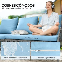 Outsunny Conjunto de Jardín Exterior de Ratán con 1 Sofá de 2 Plazas 1 Sofá Esquinera y 1 Mesa de Centro Tablero de Vidrio Azul(m-6)