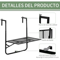 Outsunny Mesa Colgante para Balcón Plegable de Metal con Altura Ajustable en 4 Niveles Carga 10 kg 60x60x57-72 cm Negro(m-6)