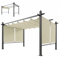 Outsunny Pérgola de Jardín 4x3 m con Cortinas Enrollables Automáticas y Techo Retráctil Cenador de Jardín con UPF50+ Crema(m-11)