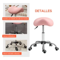 HOMCOM Taburete con Ruedas Taburete Giratoria con Altura Ajustable Taburete Cosmética Dentista Peluqueria 52x53x49-61 cm Rosa(m-6)