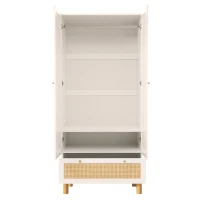 Armadio portaoggetti a 2 ante con frontale in rattan, ampio cassetto, ripiani regolabili e barra appendiabiti, 85.5x52x180.5 cm, Bianco(m-10)