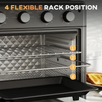 HOMCOM Mini Piekarnik z termoobiegiem 30 L 1600W 90-230℃ z timerem 60 min, wewnętrznym oświetleniem, tacką na okruchy, blachą do pieczenia, rusztem grillowym, koszem do smażenia, piekarnik do pizzy, czarny(m-5)