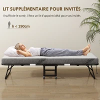 HOMCOM Lit pliant 1 personne 200 x 80 cm avec matelas, lit d'appoint pliable et portable sur roulettes, cadre en acier, blanc(m-4)